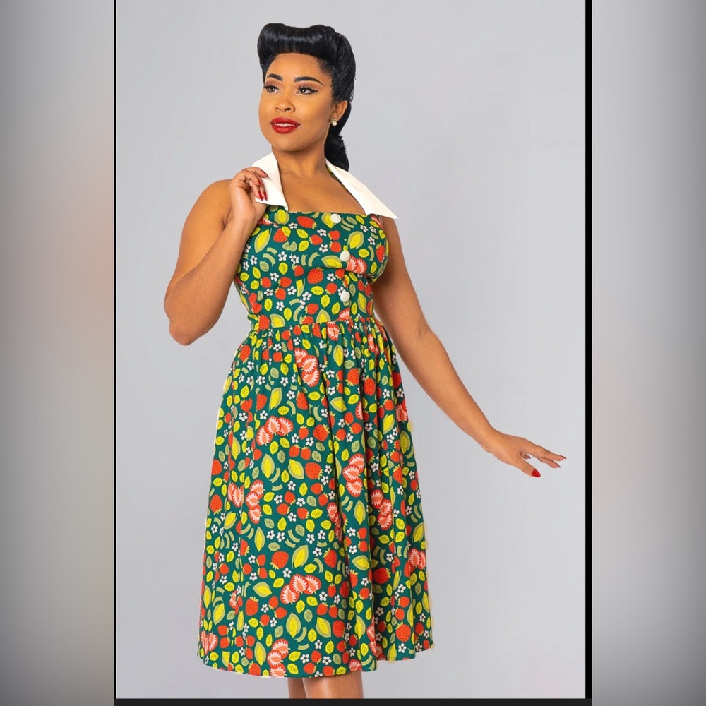 Collectif Green and Red Strawberry Print Dress